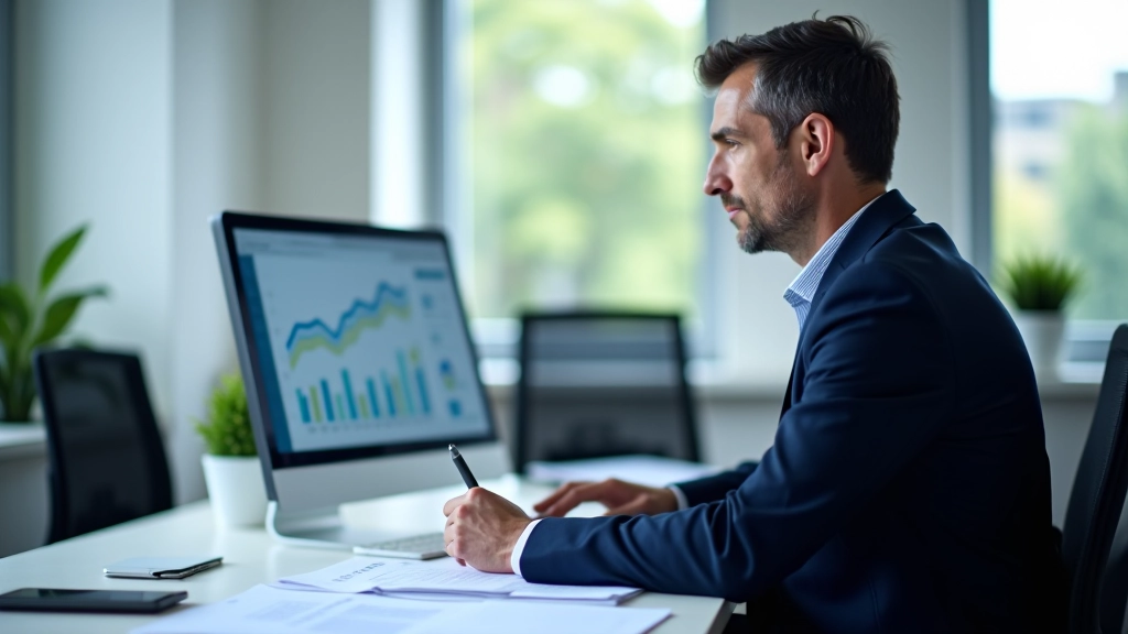 Businessman analyzing financial reports and revenue data on desktop computer