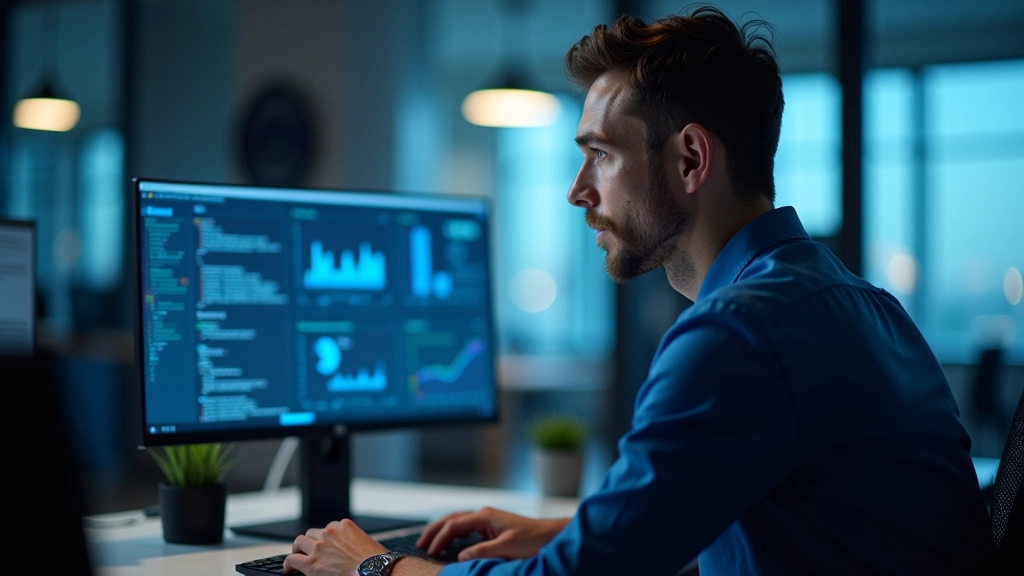Data scientist working with machine learning algorithms on dual monitors, analyzing prediction models