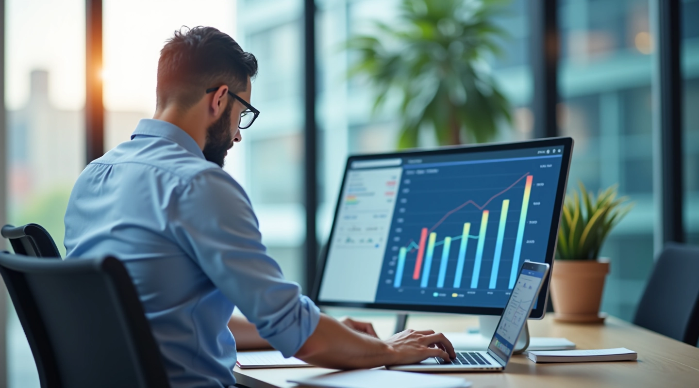 Financial analyst reviewing revenue trend analysis charts and historical data patterns